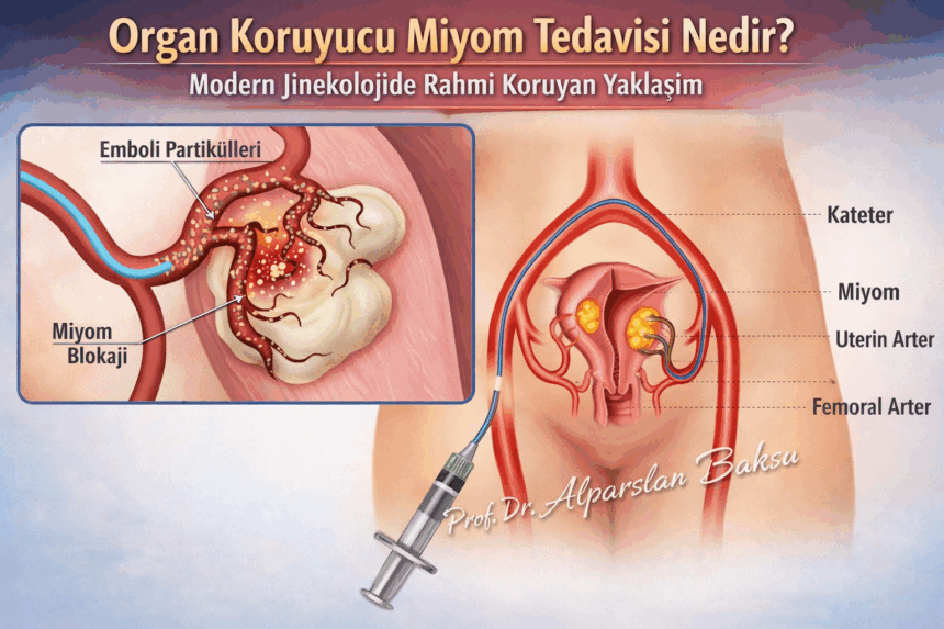 Organ koruyucu miyom tedavisini gösteren tıbbi illüstrasyon, rahim ve damar yapısı üzerinde miyomların hedeflenmesi